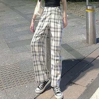 Contrast Trim Tank Top / Plaid Wide-leg Pants