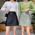 High-waist Split Hem Faux Leather A-line Skirt