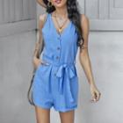 Sleeveless V-neck Plain Half-button Tie-front Romper