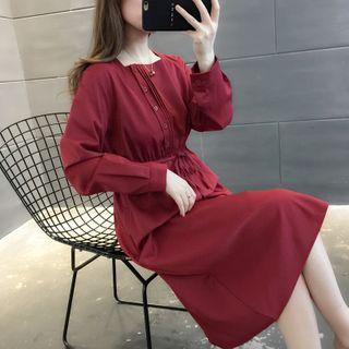 Pintuck Long-sleeve Midi A-line Dress