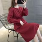 Pintuck Long-sleeve Midi A-line Dress