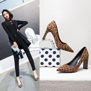 Leopard Print Chunky-heel Pointy-toe Pumps