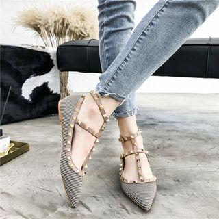 Faux Leather Houndstooth Studded Ankle Strap Flats