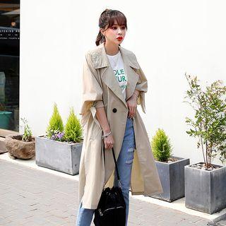 Wide-lapel Beribboned Raglan-sleeve Coat