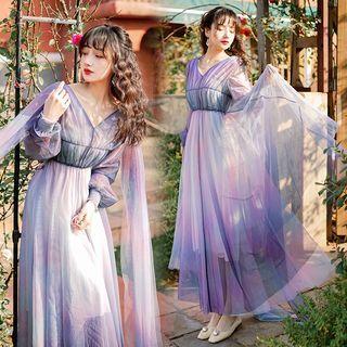 Long-sleeve V-neck Gradient Maxi A-line Dress