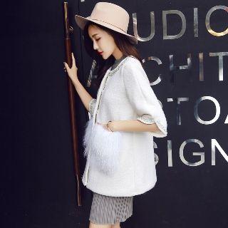 Elbow-sleeve Furry-trim Coat