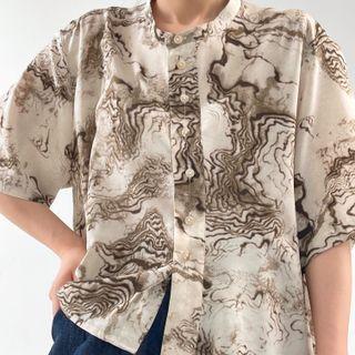 Elbow-sleeve Print Asymmetrical Blouse