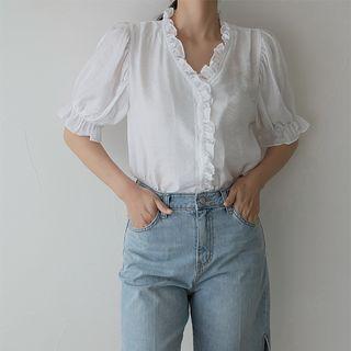 Puff-sleeve V-neck Frilled Blouse