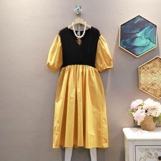 Puff-sleeve Panel Back Tie-strap Dress