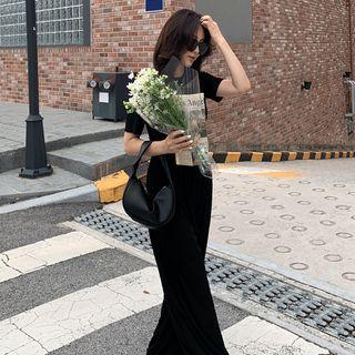 Set: Draped-front Cropped Top + Band-waist Wide-leg Pants