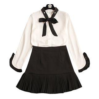 Set: Color Block Blouse + Pleated A-line Skirt