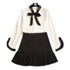 Set: Color Block Blouse + Pleated A-line Skirt