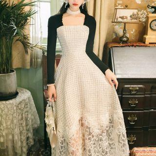 Long-sleeve Lace Trim Knit Maxi A-line Dress