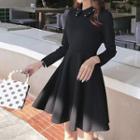 Long-sleeve Embellished Mini A-line Collared Dress
