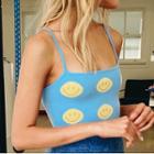 Smiley Face Print Crop Knitted Camisole Top