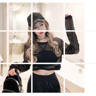 Crewneck Plaid Knit Sweatshirt Black - One Size