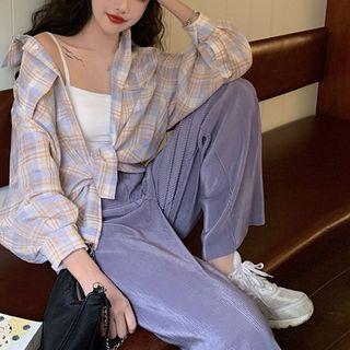Set: Plaid Shirt + Camisole + Wide-leg Pants