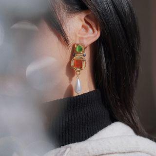 Faux Cat Eye Stone Faux Pearl Alloy Dangle Earring