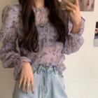 Long-sleeve Floral Blouse Purple - One Size