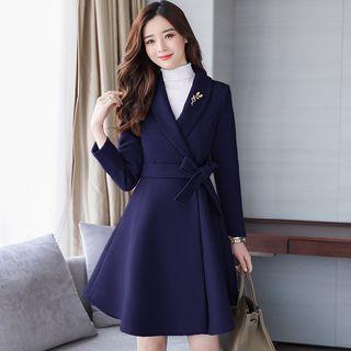 Waist-tied Brooch Tweed Coat