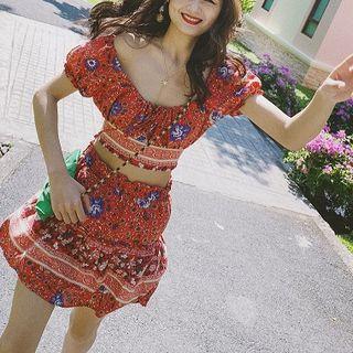 Set: Floral Print Short-sleeve Cropped Top + Mini A-line Skirt
