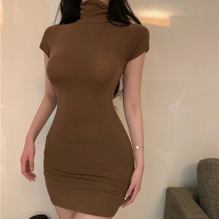 Short-sleeve Turtleneck Mini Bodycon Dress
