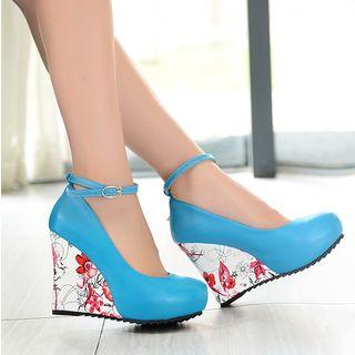 Ankle Strap Floral Print Wedge Pumps