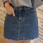 Fray-hem Denim A-line Miniskirt