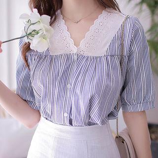 V-neck Lace-trim Striped Blouse