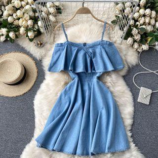 Cold-shoulder Denim Mini A-line Dress