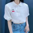 Puff-sleeve Embroidered Cropped Polo Shirt