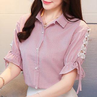 Short-sleeve Lace Ribbon Perforated Striped Shirt