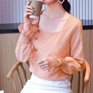 Long-sleeve Square-neck Check Blouse