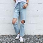 Cutout-knee Washed Straight Jeans