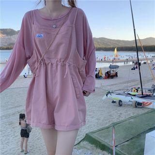 Long-sleeve Plain T-shirt / Drawstring Jumper Shorts