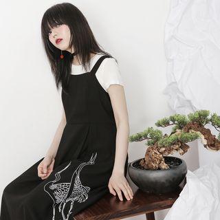 Sleeveless Crane Embroidered Midi A-line Dress