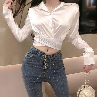 Rhinestone Cropped Shirt / High-waist Skinny Jeans