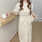 Short-sleeve Midi A-line Dress Beige - One Size