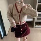 V-neck Contrast Trim Cardigan / High-waist Mini A-line Skirt