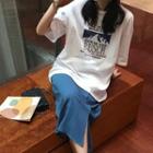 Lettering Elbow-sleeve T-shirt / Side-silt Midi A-line Skirt