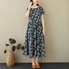 Floral Short-sleeve Drawstring-waist Midi A-line Dress