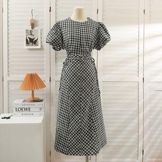 Drawstring Cutout-waist Plaid Midi Dress Black - One Size