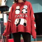 Panda Patterned Sweater Wine Red - One Size