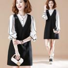 Set: Contrast Trim Long-sleeve Blouse + V-neck Pinafore Dress