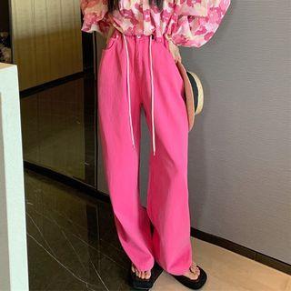 High-waist Denim Wide-leg Pants Pink - One Size