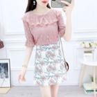 Set: Elbow-sleeve Lace Top + Floral Print Mini A-line Skirt