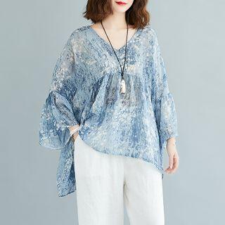 V-neck Print Blouse Aqua Blue - One Size