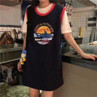 Mock Two-piece Short-sleeve Shark Printed T-shirt Sapphire Blue - One Size