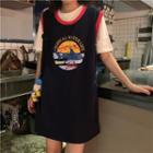 Mock Two-piece Short-sleeve Shark Printed T-shirt Sapphire Blue - One Size
