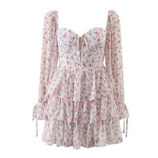 Long-sleeve Floral Print Tiered Mini Corset Dress